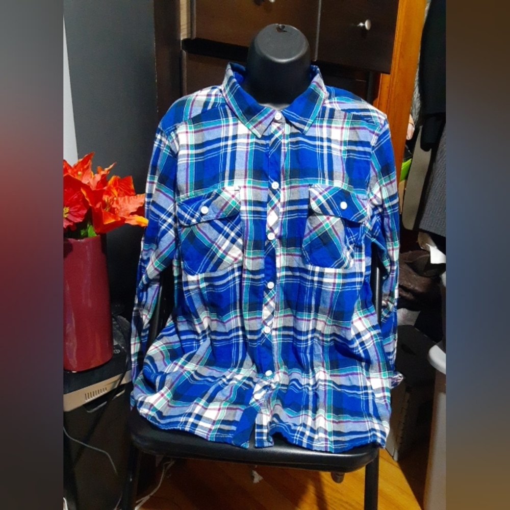 Croft&Barrow Women's Blue Plaid Button Long Sleeve Shirt Size XL Front Pockets
